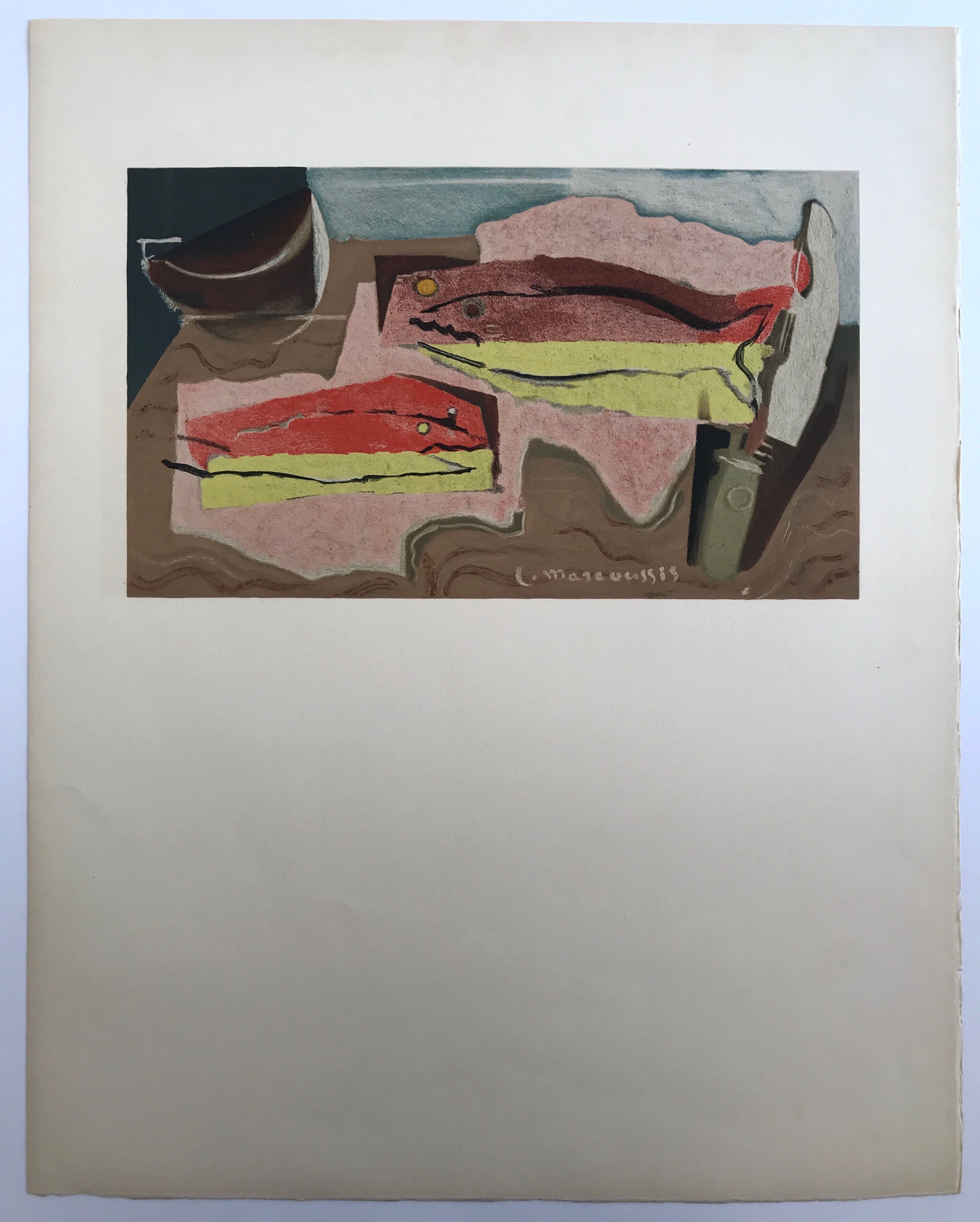 Lithograph by louis marcoussis, still life with fish, 1955