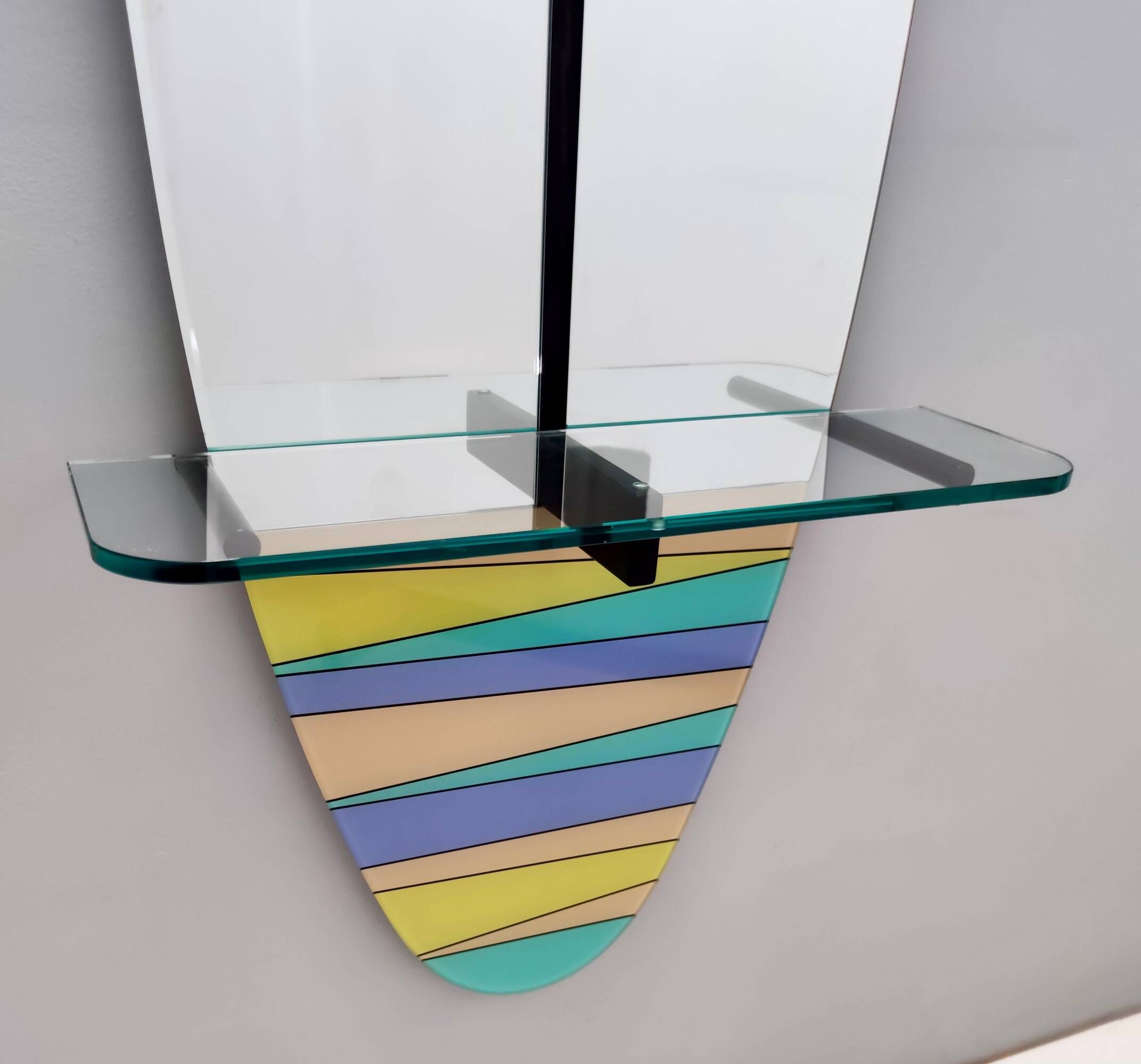 Postmodern Oval Wall-Mounted Entryway Mirror and Console Table with Glass T