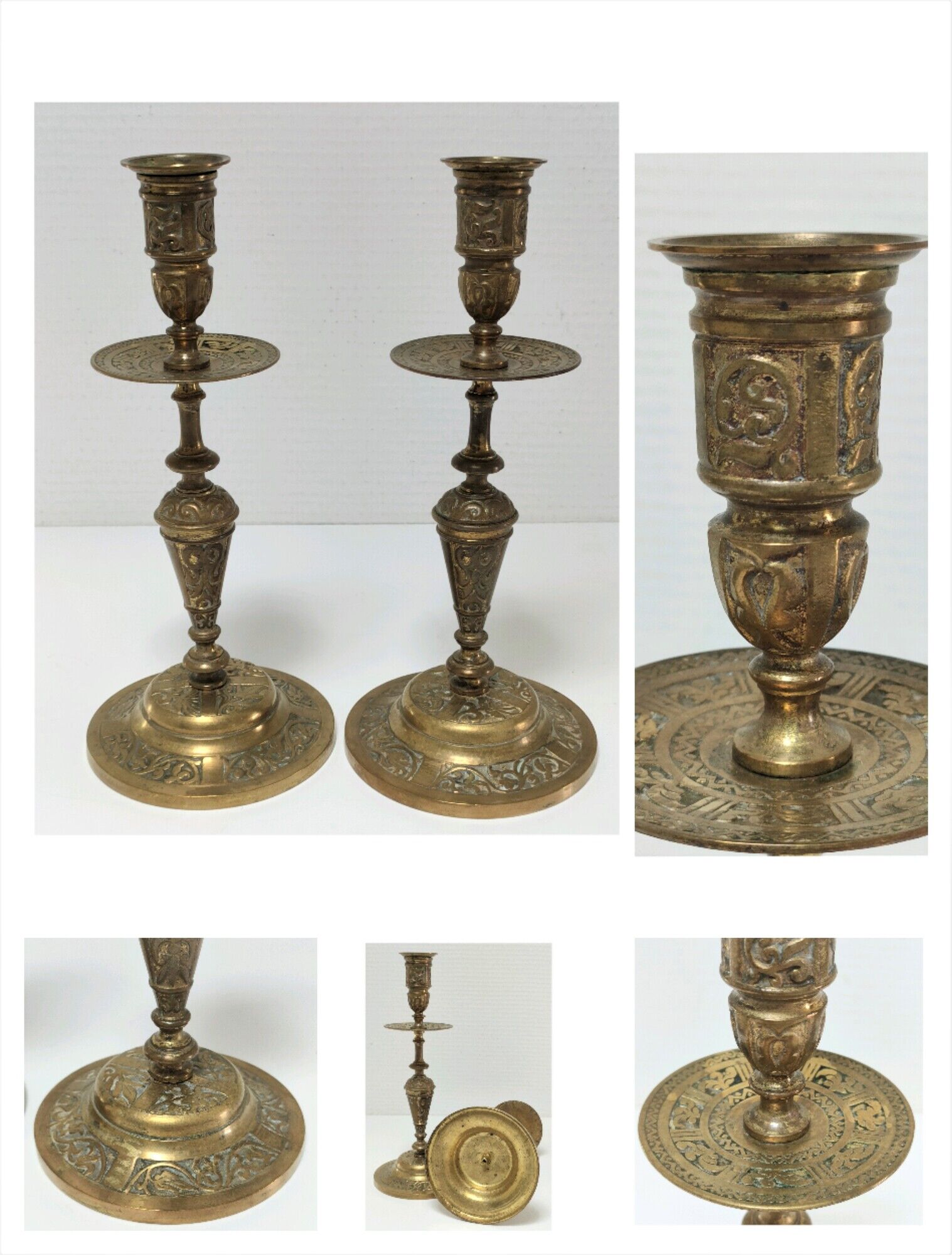 Pair of candle holders patinated bronze floral decoration early twentieth century