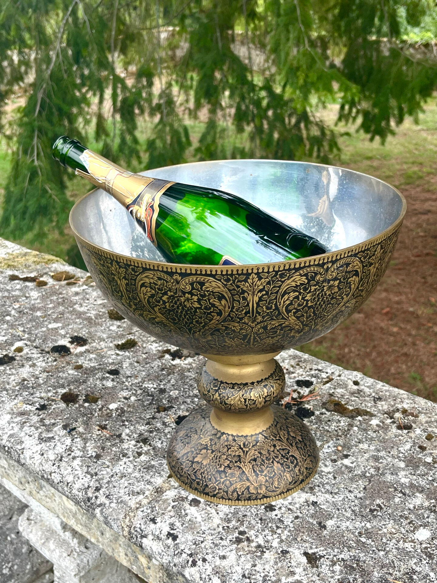 Ornate Floral Pedestal Champagne Cooler, brass ice bucket