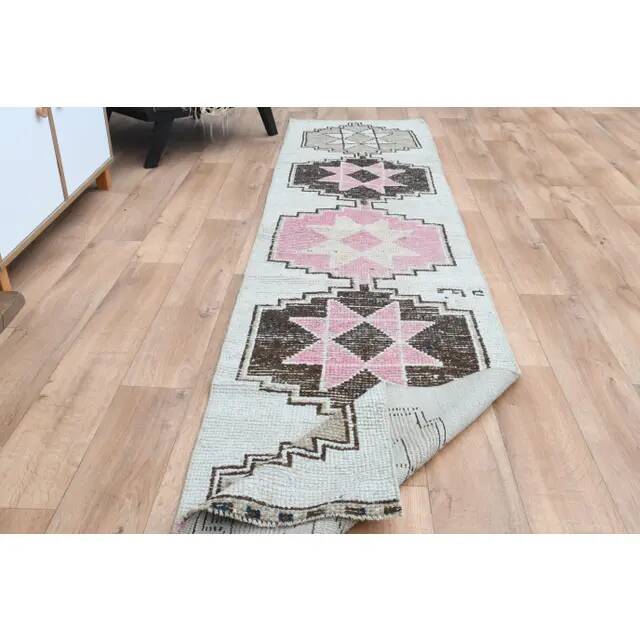 Vintage Turkish Oushak Pink Brown Wool Rug 72x312