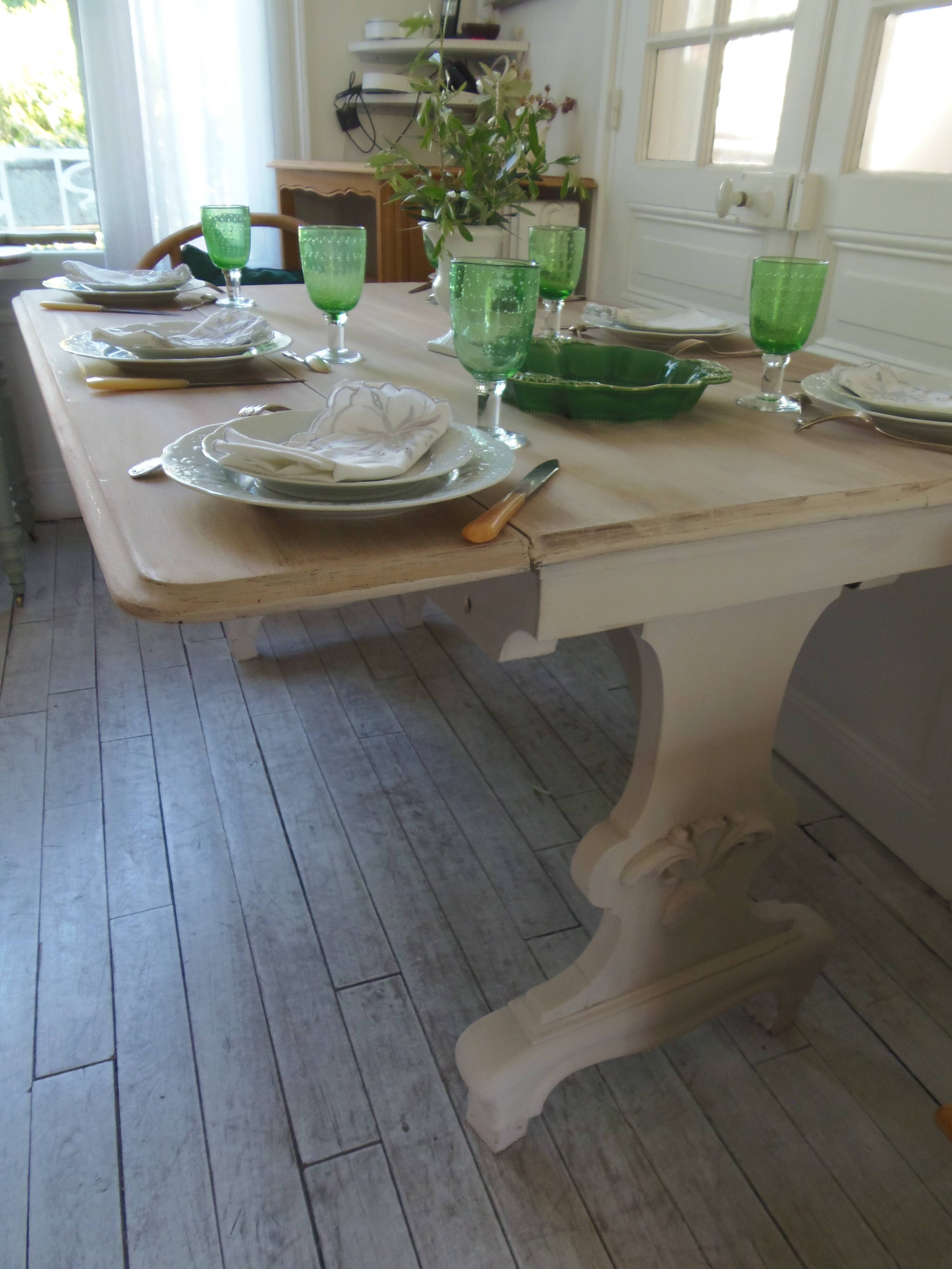 Console, solid walnut table with drop leaves.