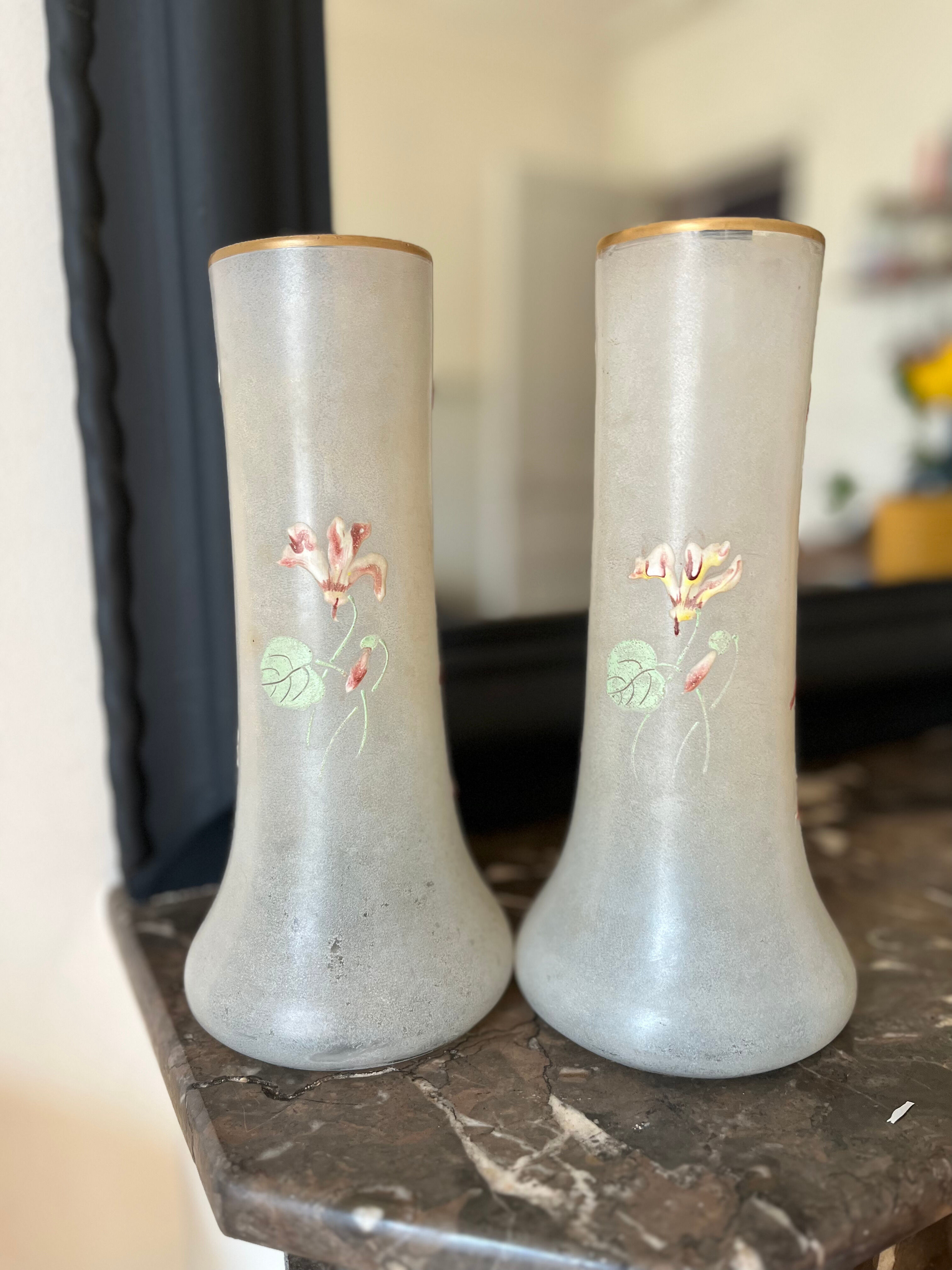 Pair of vases with flower motif by Legras late nineteenth early twentieth century