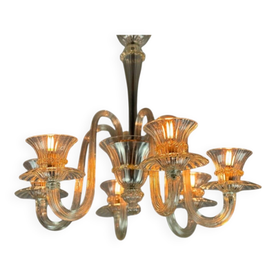 Lustre vénitien en verre de Murano incolore et doré, vers 1940