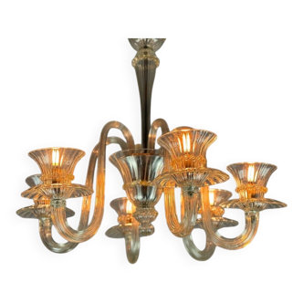 Lustre vénitien en verre de Murano incolore et doré, vers 1940
