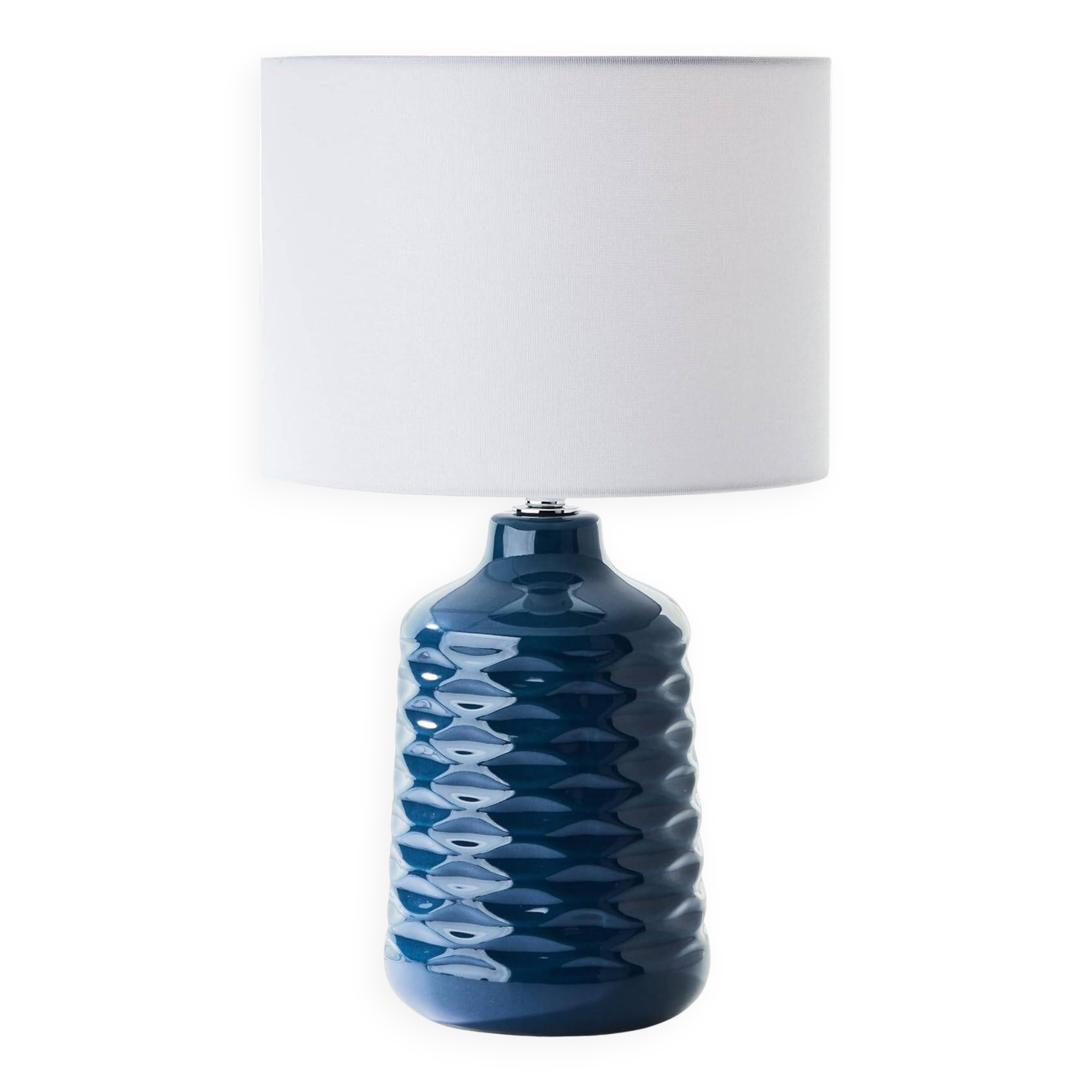 blue ceramic table lamp with white fabric shade