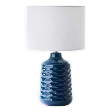 blue ceramic table lamp with white fabric shade