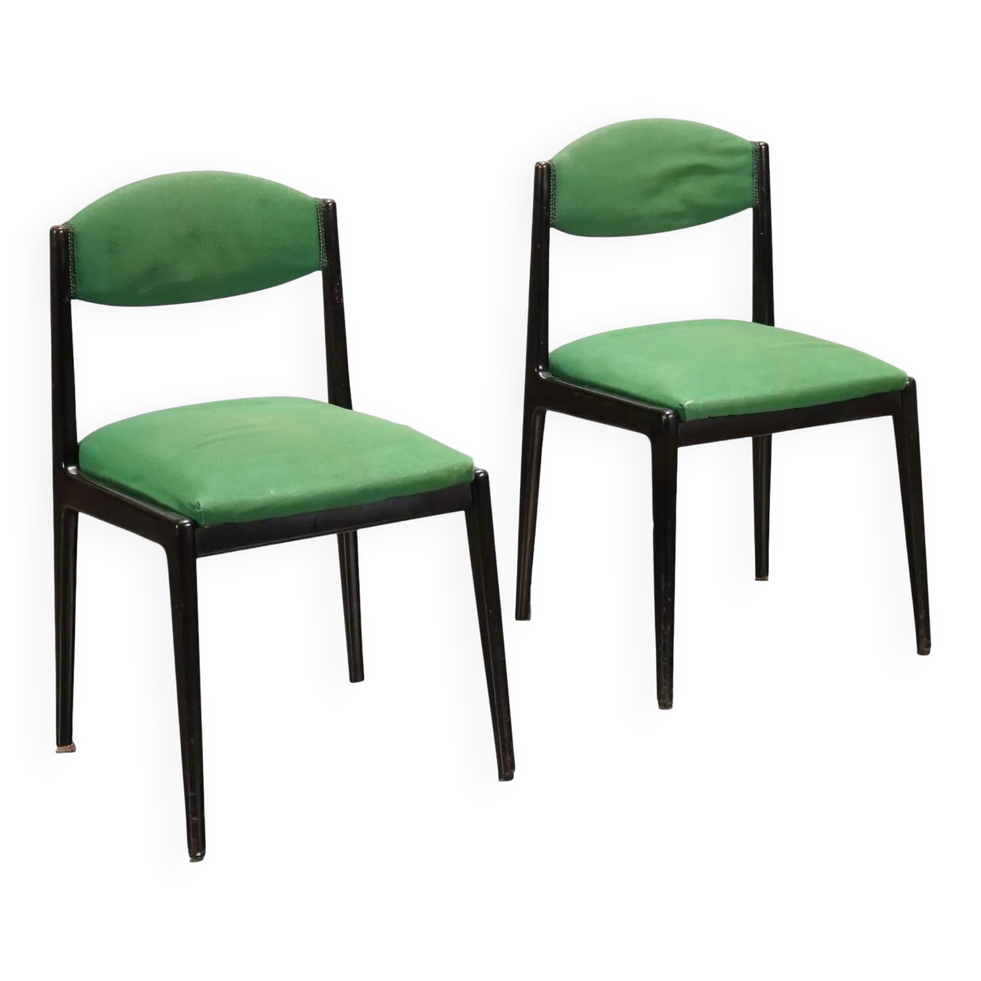 Vintage 1960s ebony wood chairs, foam padding, fabric.