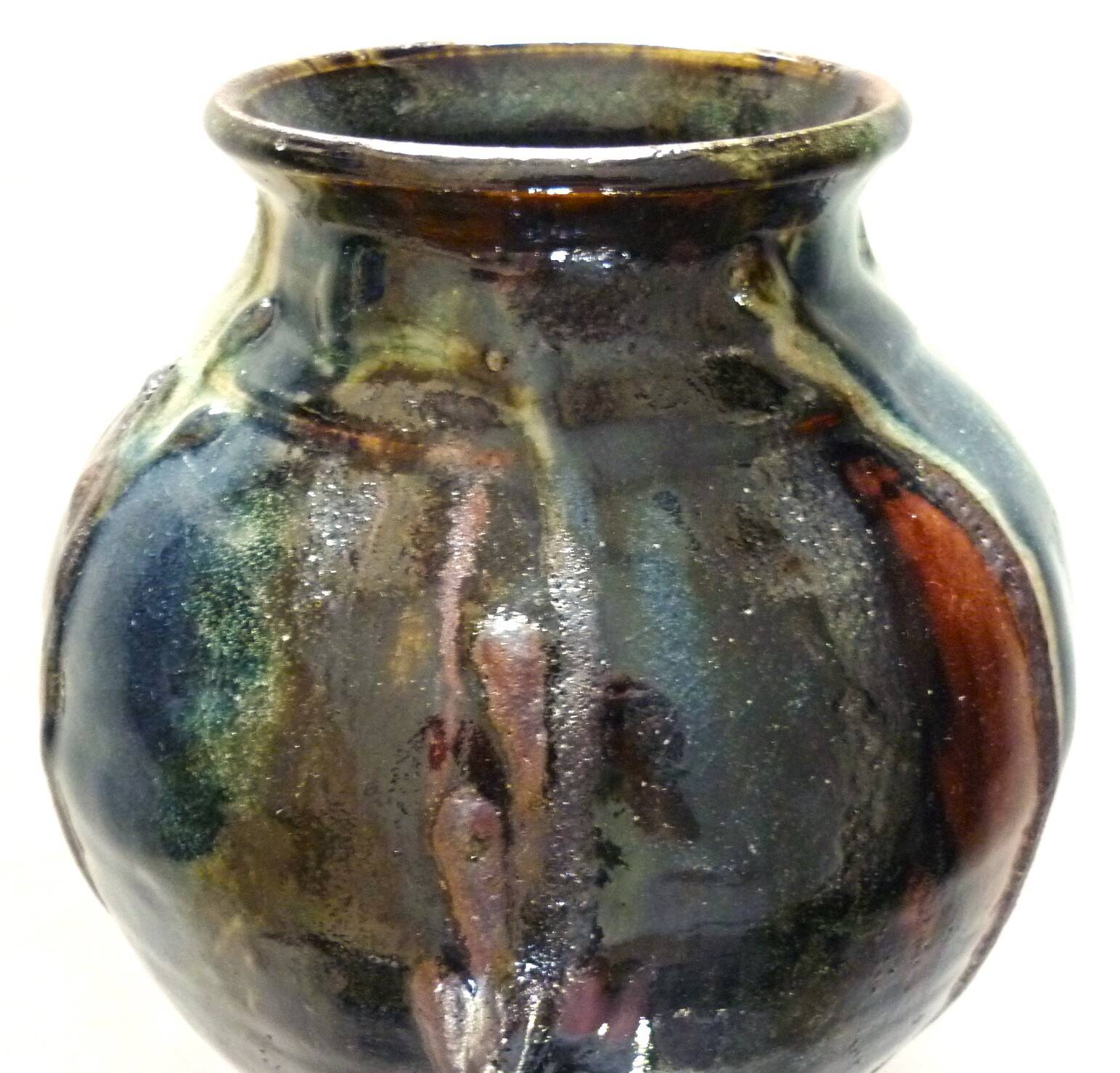 Ceramic vase, glazed stoneware, floral decoration, signature to be identified