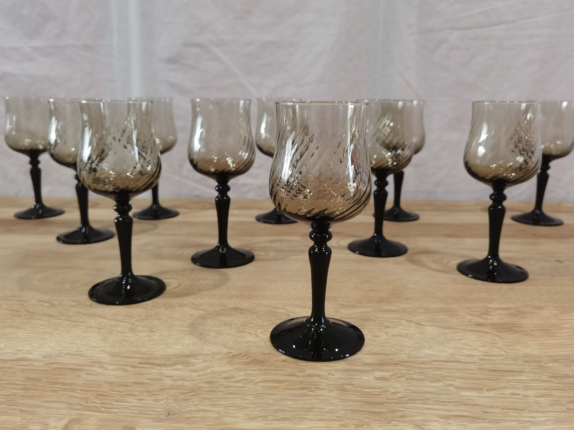 11 vintage black foot smoked twisted water glasses