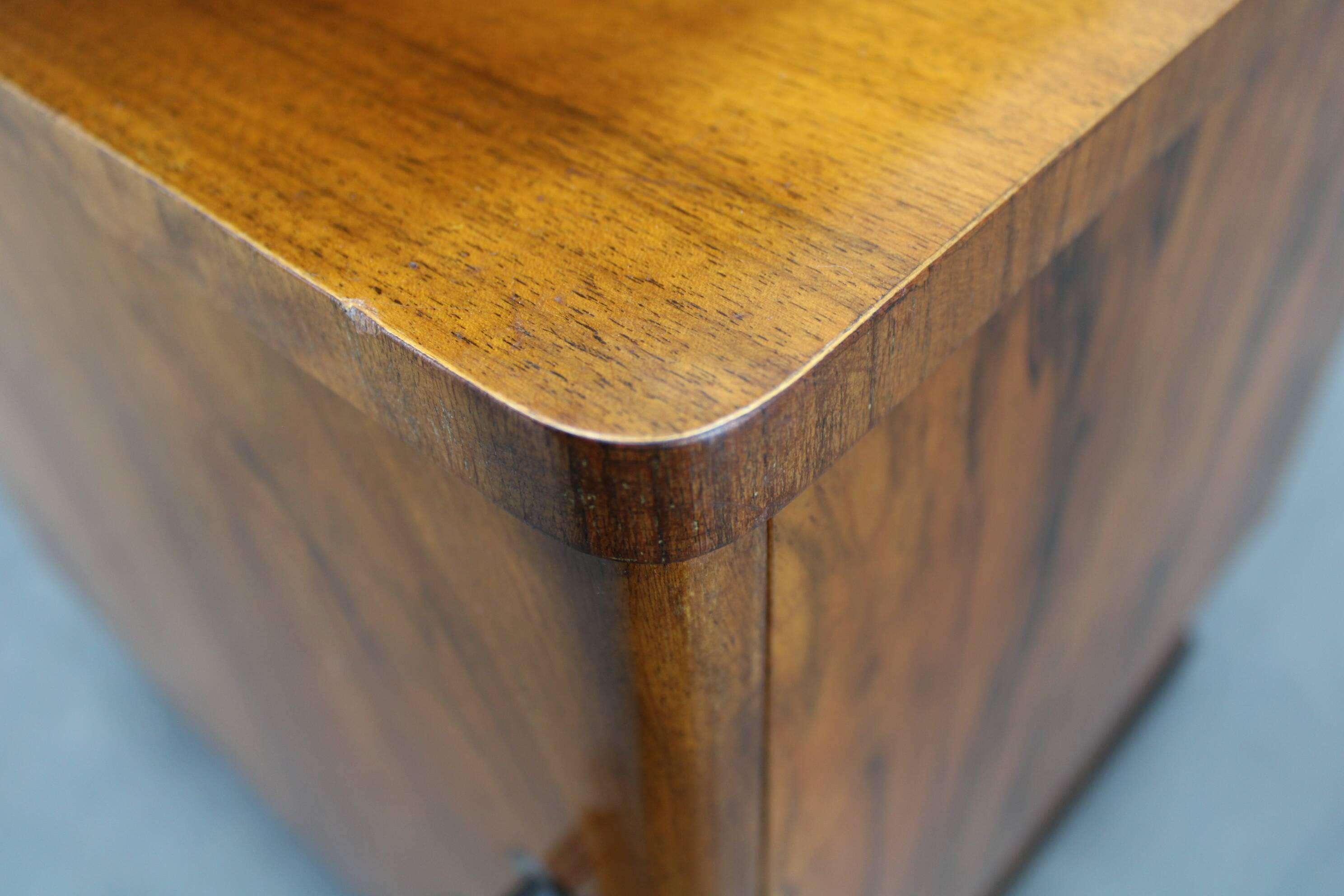 1940s night stand in walnut finish with glass top, Czechoslovakia