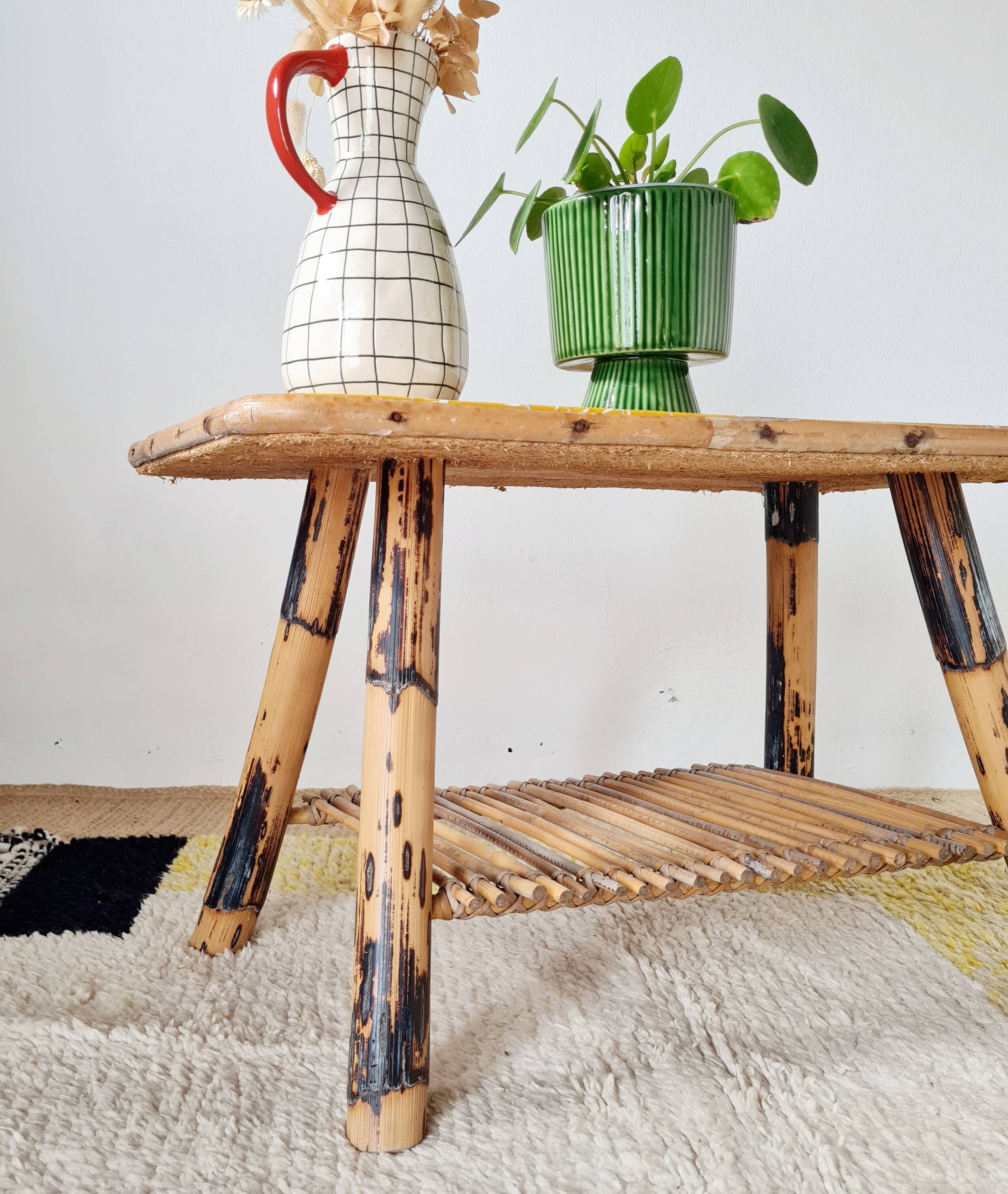 Antique rattan coffee table - yellow floral top