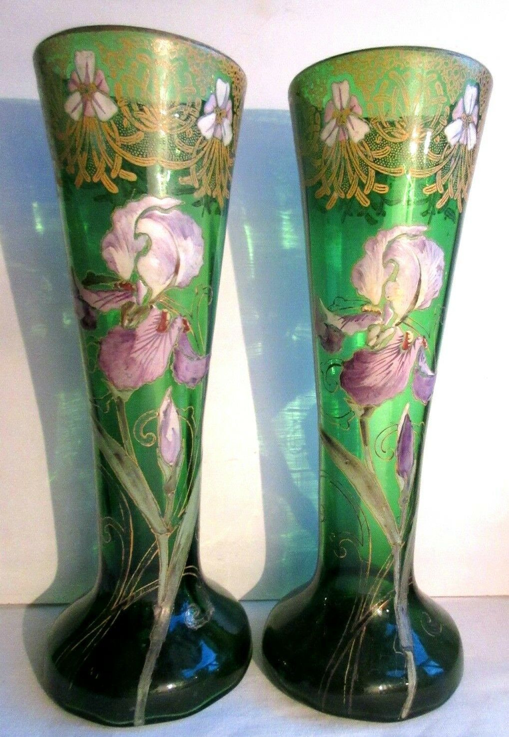 Vase "Spring" Art Nouveau enamelled glass Legras with purple iris and gold lace