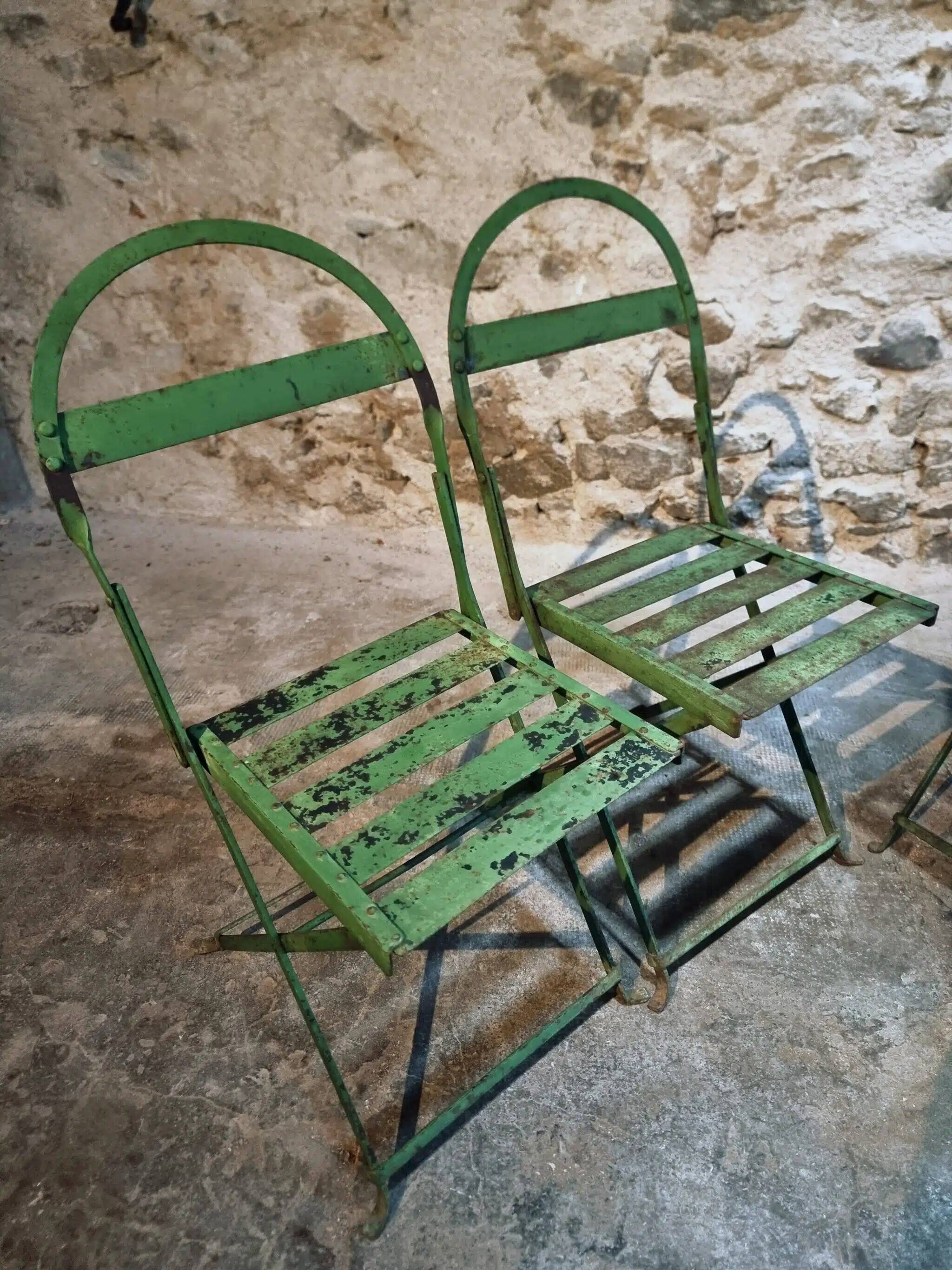 Set of 4 Antique Iron Folding Garden Chairs - 1920s Riveted Bistro Chairs with Aged Green Patina