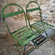 Set of 4 Antique Iron Folding Garden Chairs - 1920s Riveted Bistro Chairs with Aged Green Patina