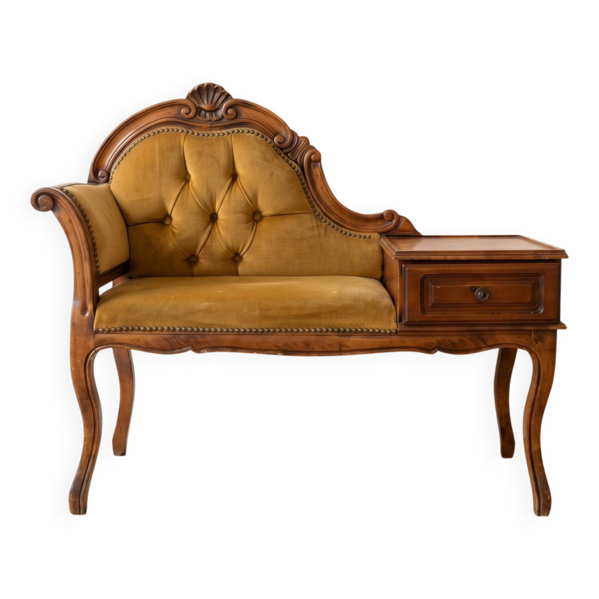 Vintage telephone bench in Louis XV style made of wood and yellow fabric.