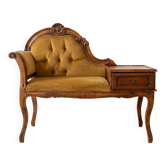 Vintage telephone bench in Louis XV style made of wood and yellow fabric.