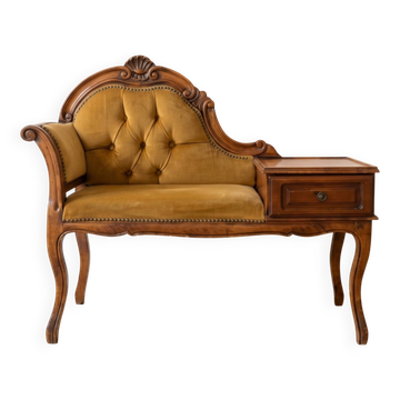 Banquette de téléphone vintage style Louis XV en bois et tissu jaune