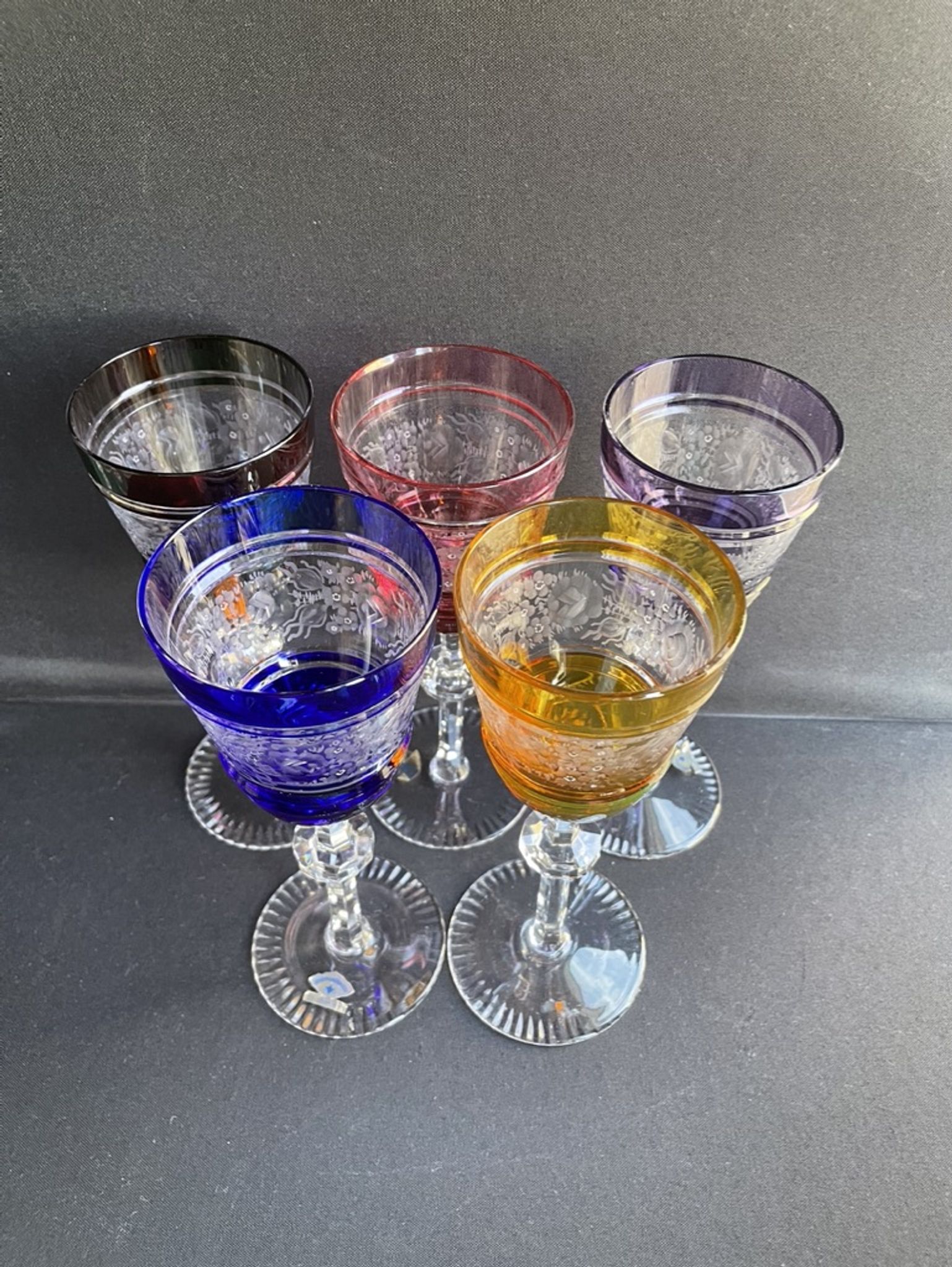 Josephinenhütte - red wine glasses (5) - Art Nouveau - Cut and engraved Crystal Roemer