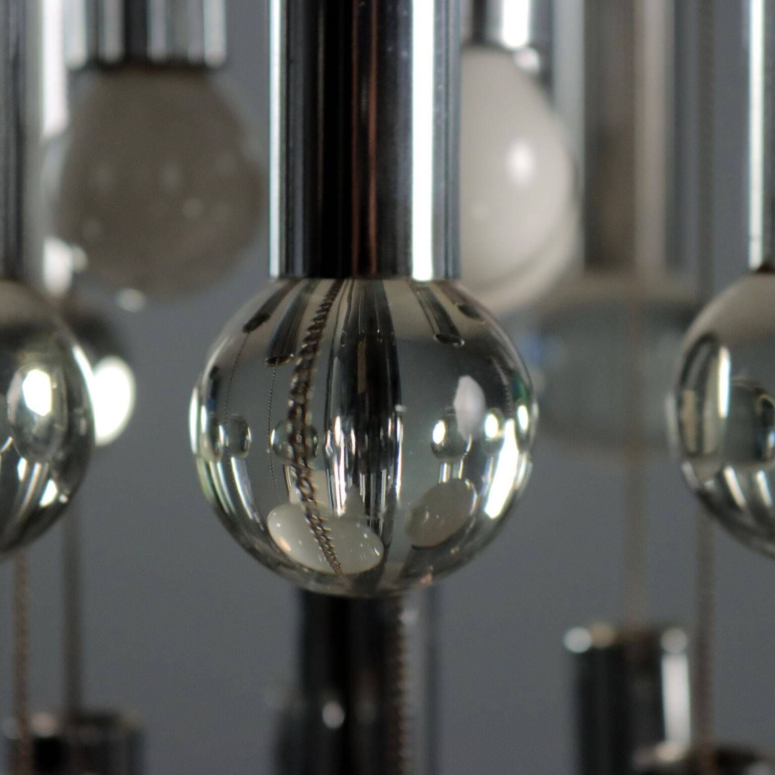 Vintage Italian chandelier, chrome-plated metal and glass design, original