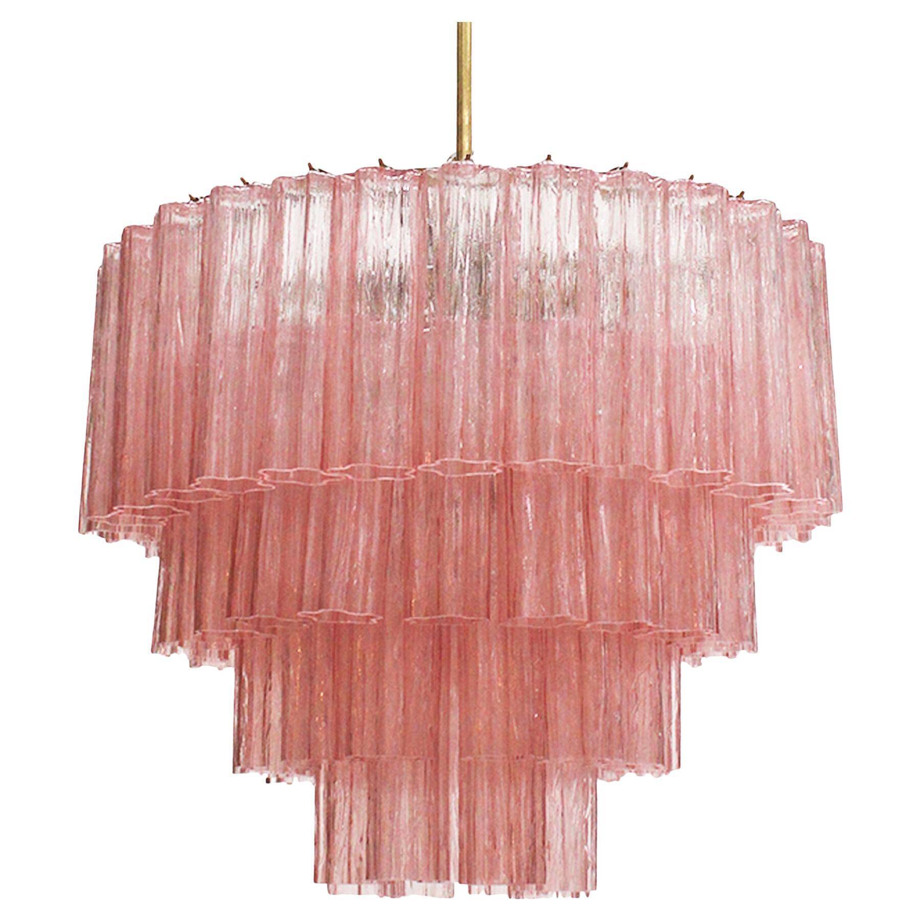 Mid Modern Italian Pink Murano Glass Cascading Suspension Lamp with Brass Frame