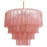 Mid Modern Italian Pink Murano Glass Cascading Suspension Lamp with Brass Frame