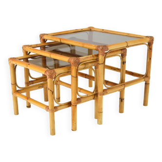 Set of three bamboo and smoked glass nesting tables Spain 70s