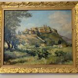 A painting representing a village in Tuscany.