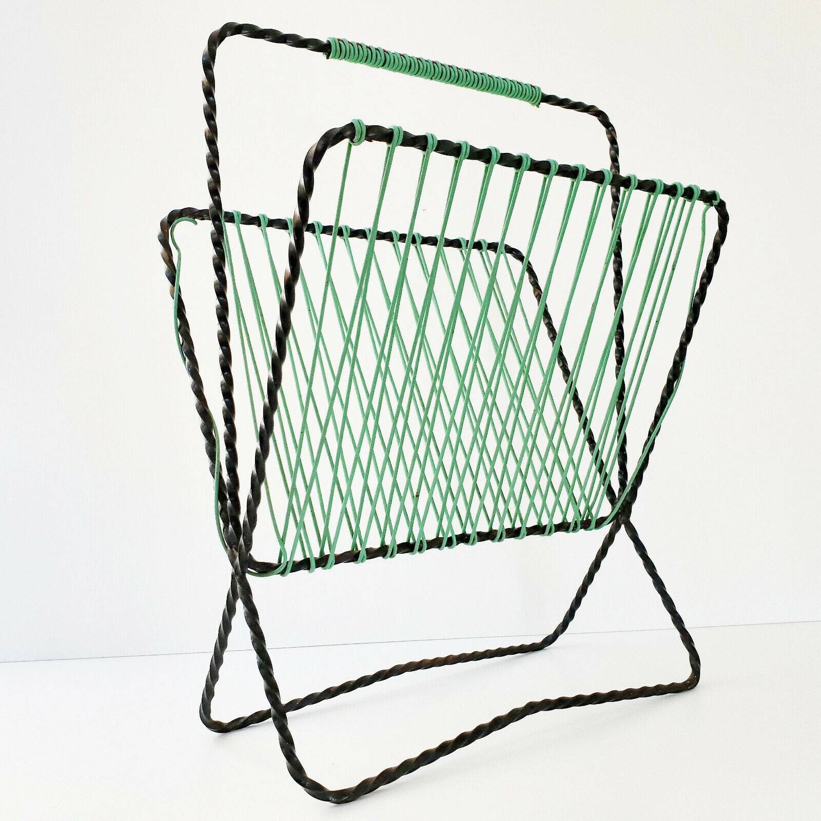 Vintage 1950s metal and scoubidou magazine rack