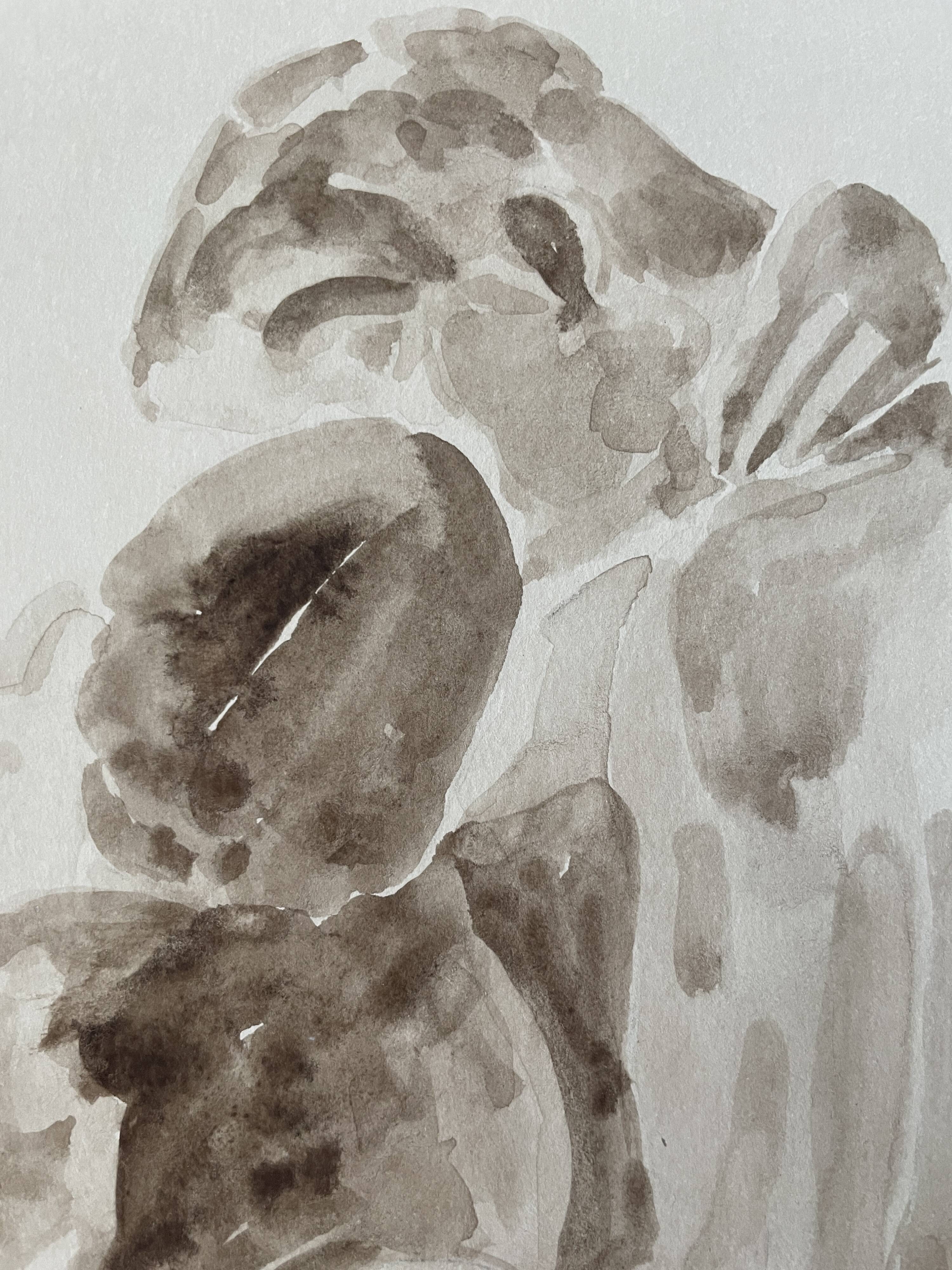 Painting signed sepia monochrome watercolor study of the statue “Rodin’s kiss”