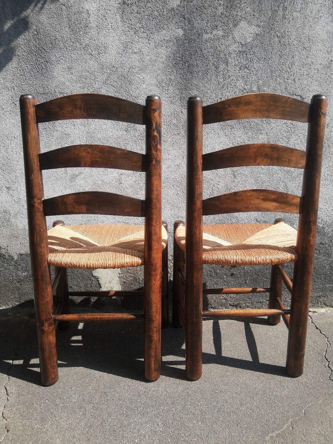 Pair of brutalist wood mulched chairs