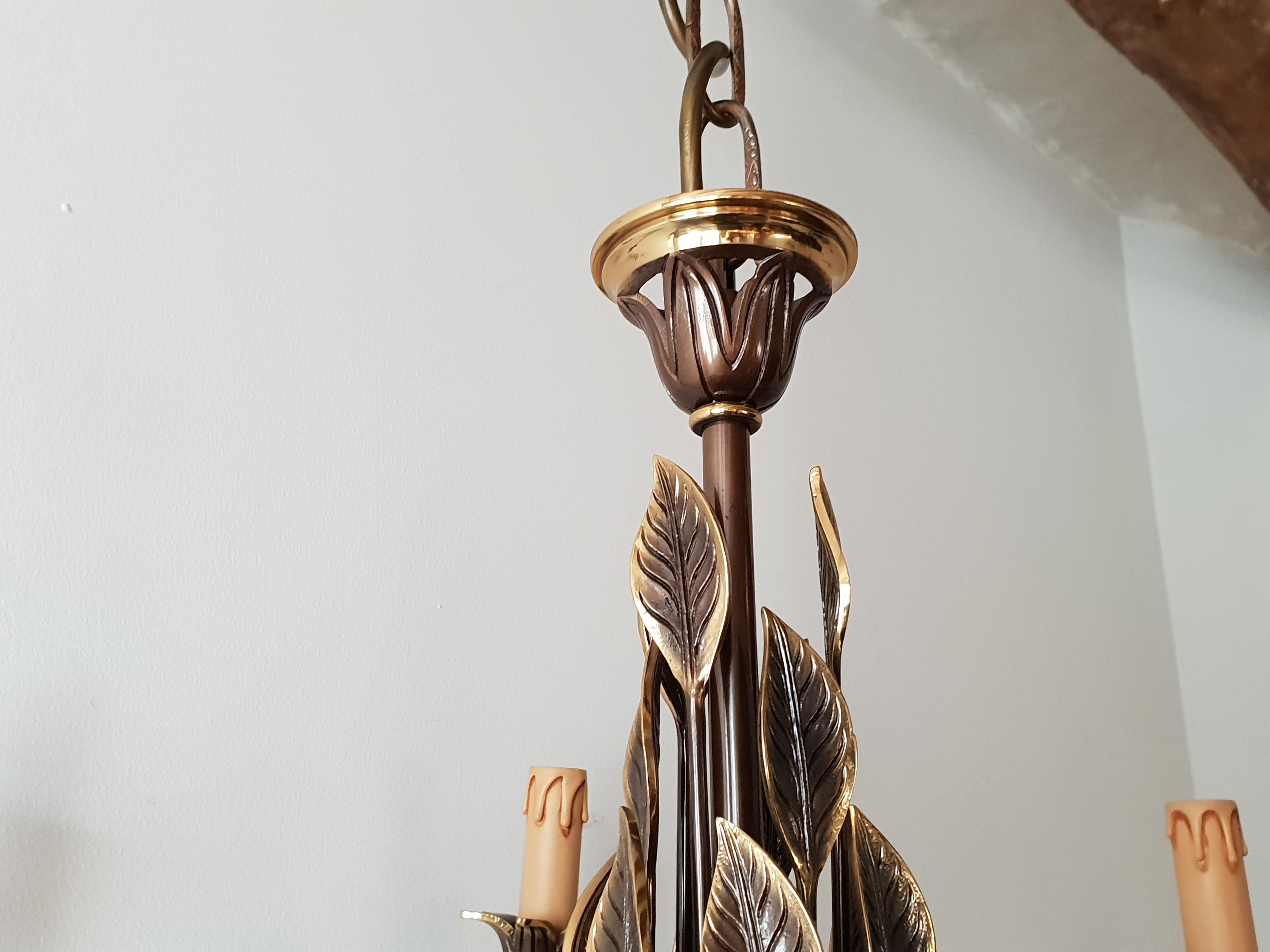 Leaves in gilded brass chandelier 1970