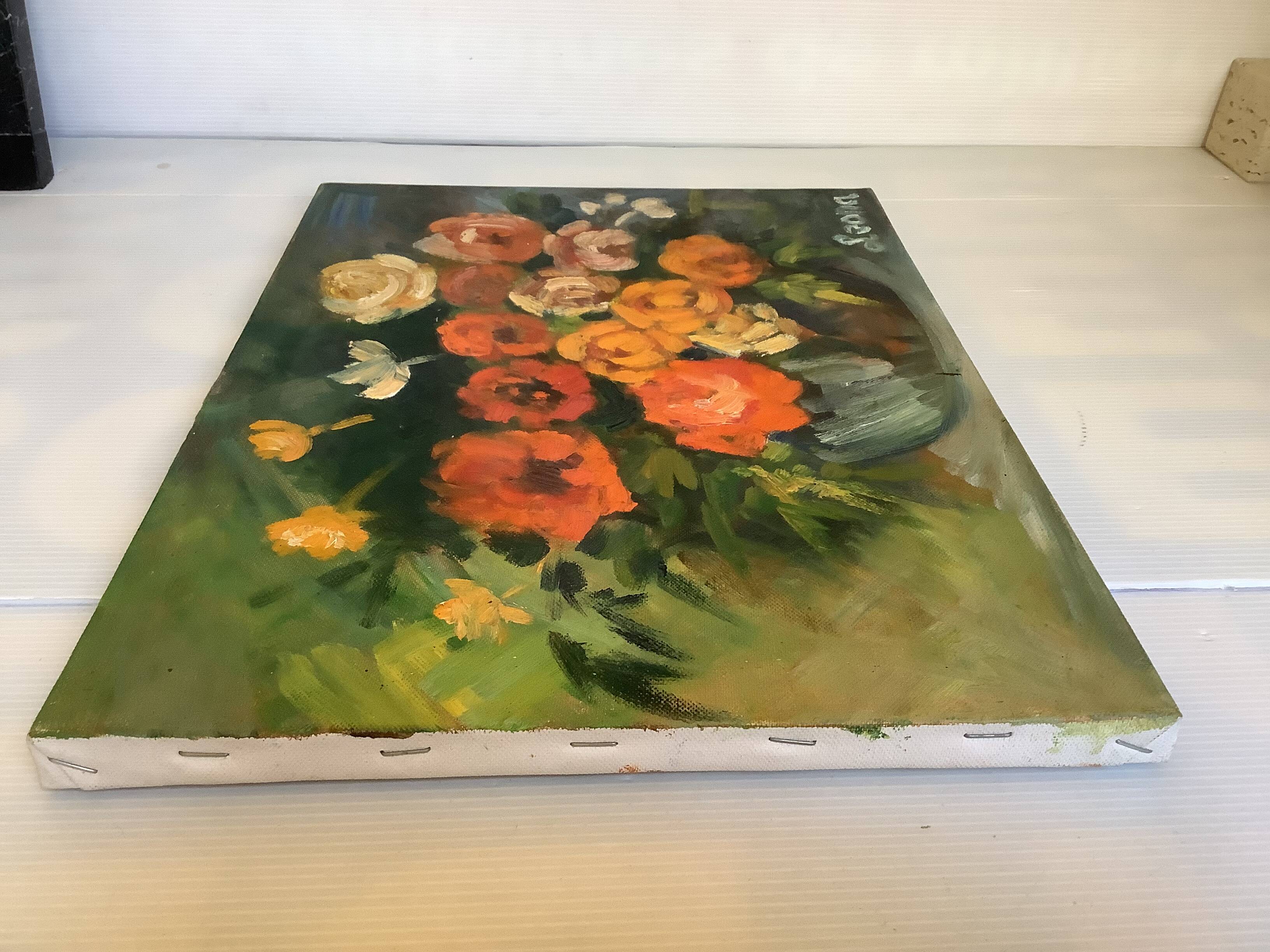 Painting bouquet of flowers oil on canvas signed