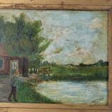 Peinture ancienne signée et datée, paysage animé, peinture à l’huile sur panneau de bois