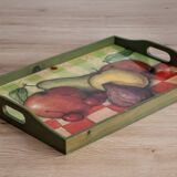 Wooden serving tray with fruit decor in green color