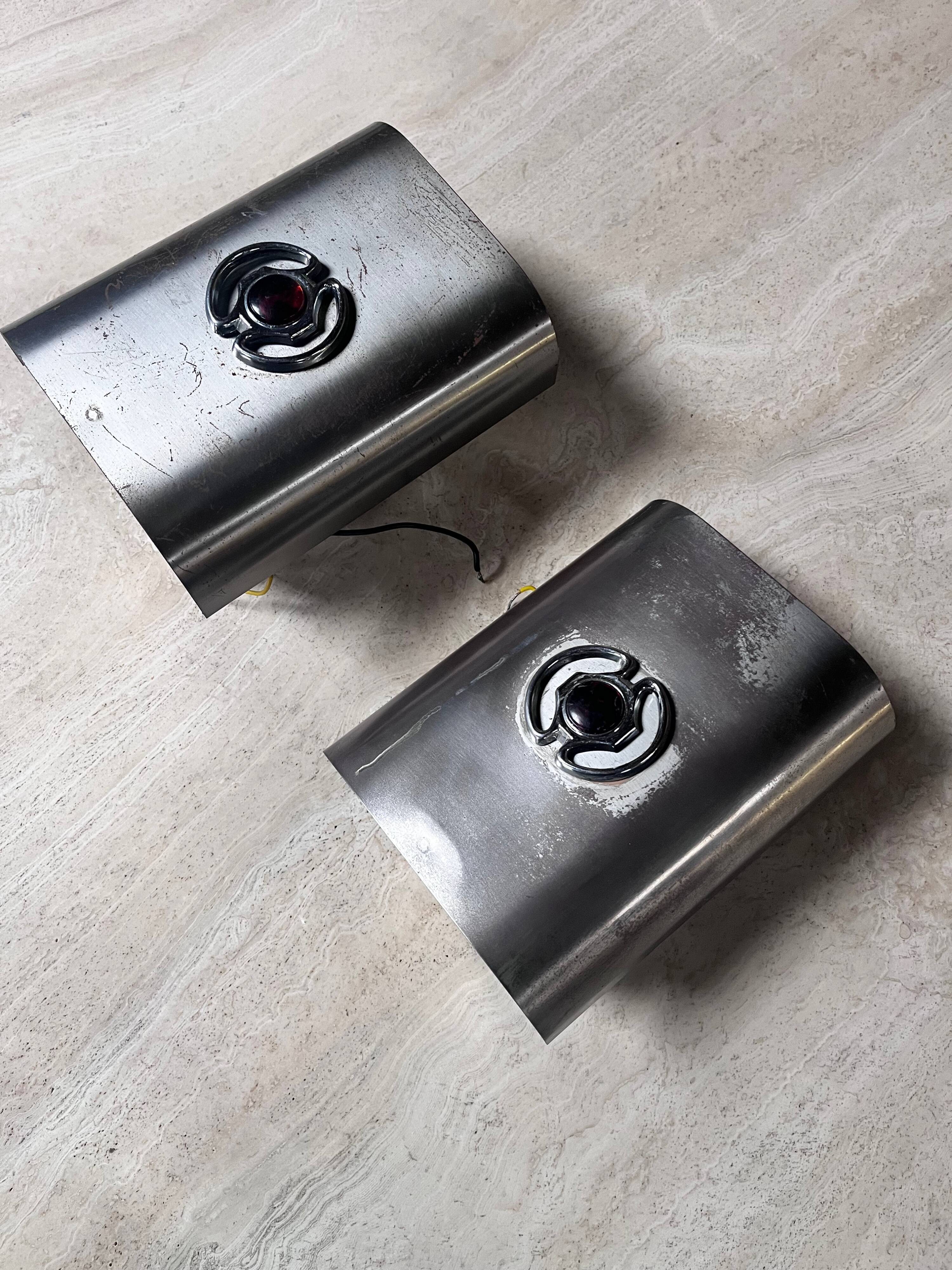 Pair of vintage brushed metal wall lights, 1970s,