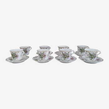 Lot de 8 tasses à café et sous-tasses en porcelaine allemande Carl Tielsch modèle Muguet