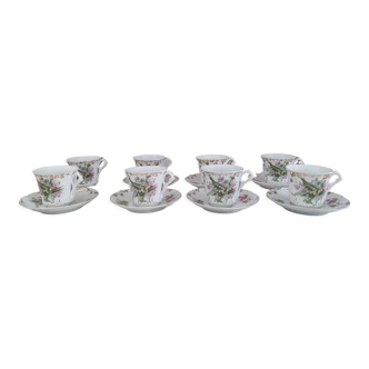 Lot de 8 tasses à café et sous-tasses en porcelaine allemande Carl Tielsch modèle Muguet