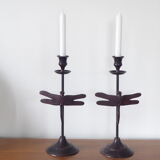 Pair of metal candlesticks, dragonfly
