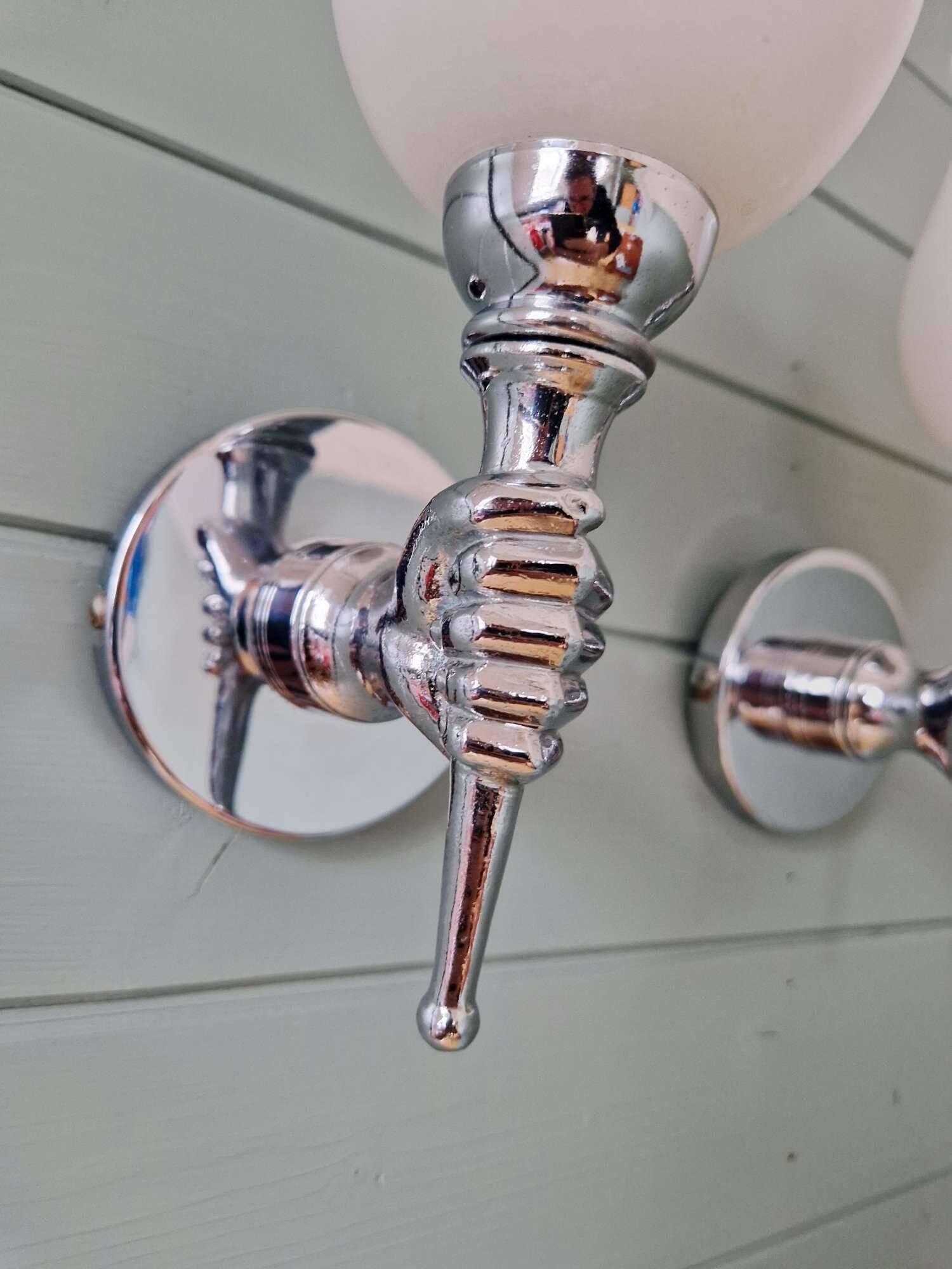 Pair of wall lights in chromed metal and white satin glass, 1960