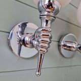 Pair of wall lights in chromed metal and white satin glass, 1960