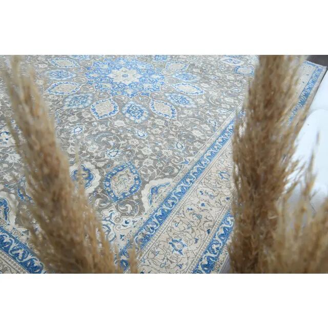 1970s Vintage Persian Handmade Wool Cotton Blue Area Rug 283x400