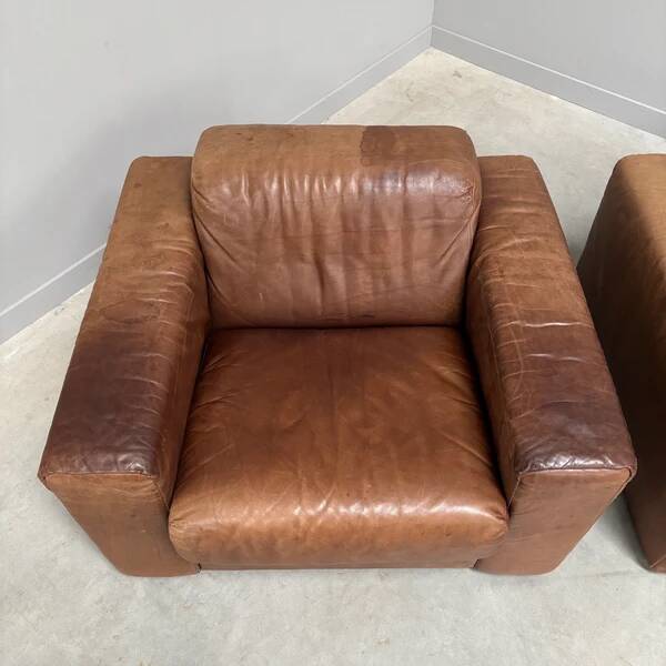 Ensemble de fauteuils en cuir marron vintage, années 1970.