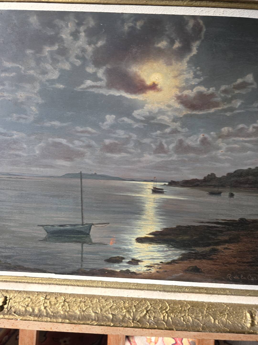 Old painting signed Roger de la Corbières – Seascape in the moonlight