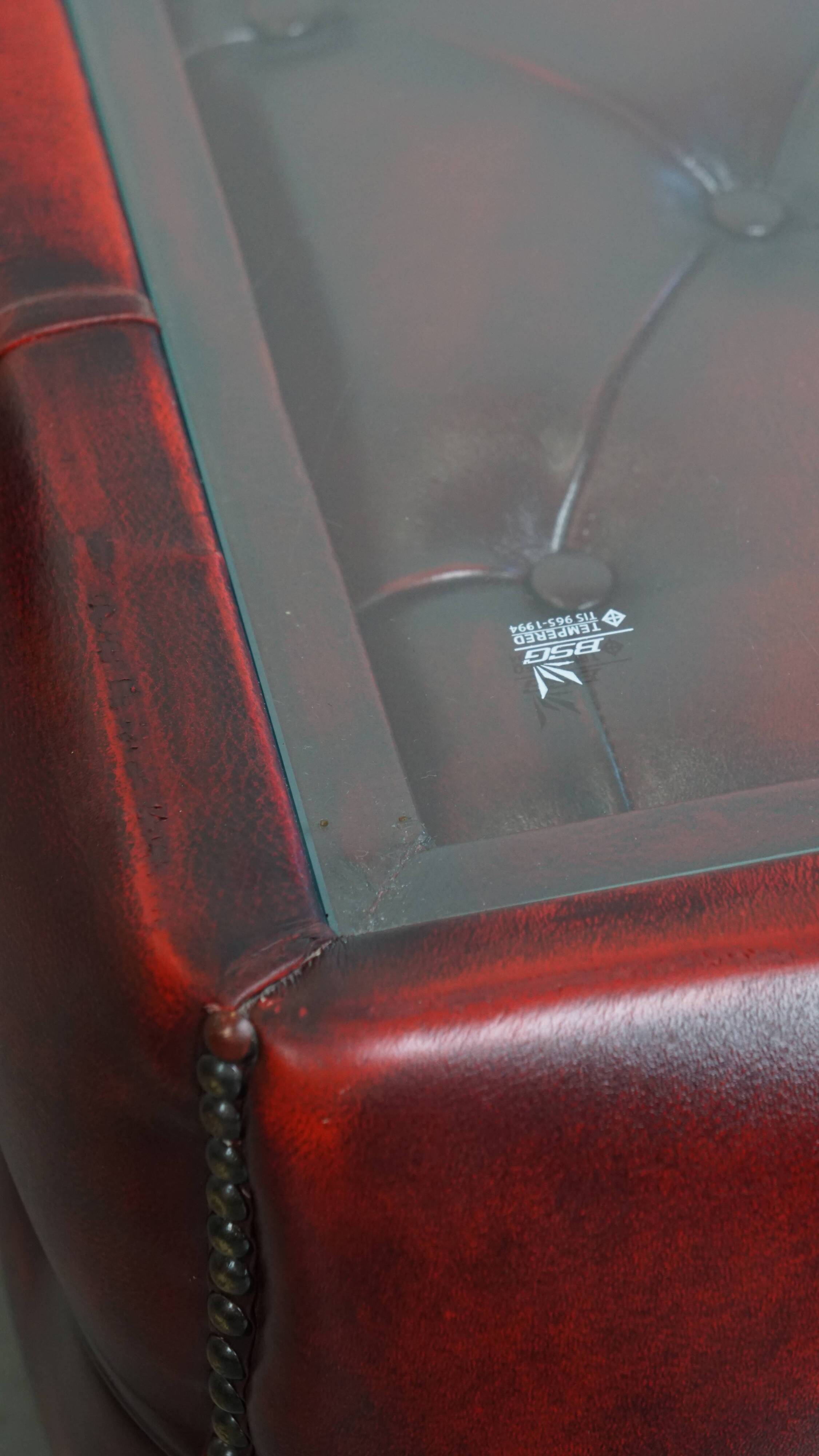Red Cowhide Leather Chesterfield Side Table with Glass Top