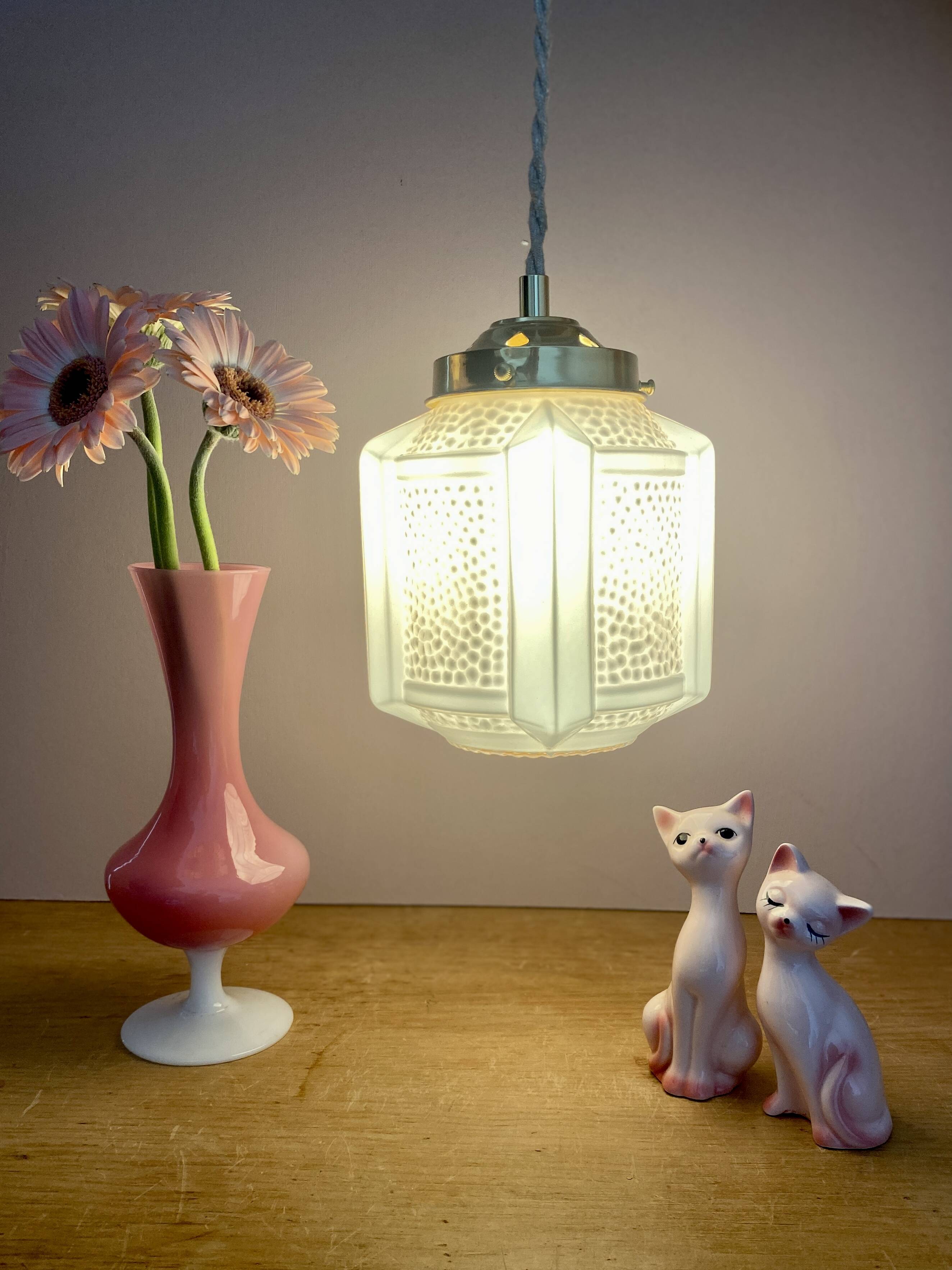 Vintage art deco globe pendant light in pale pink opaline.