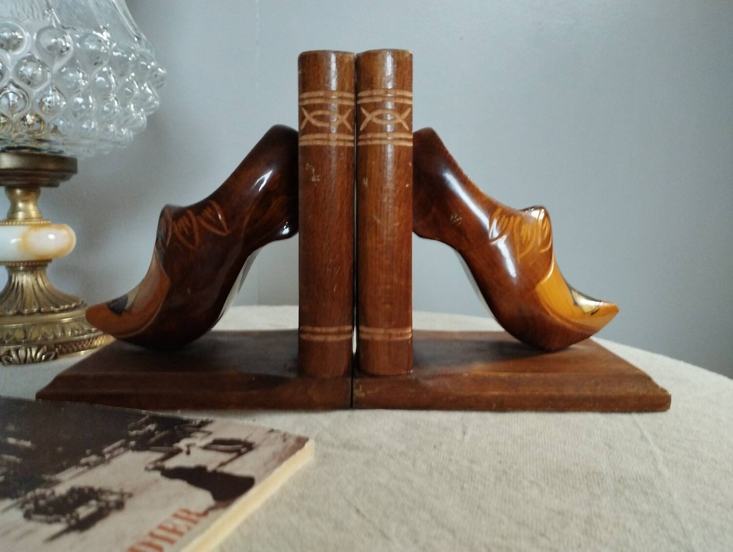 Wooden bookends with clog decoration, Breton craftsmanship, circa 1970