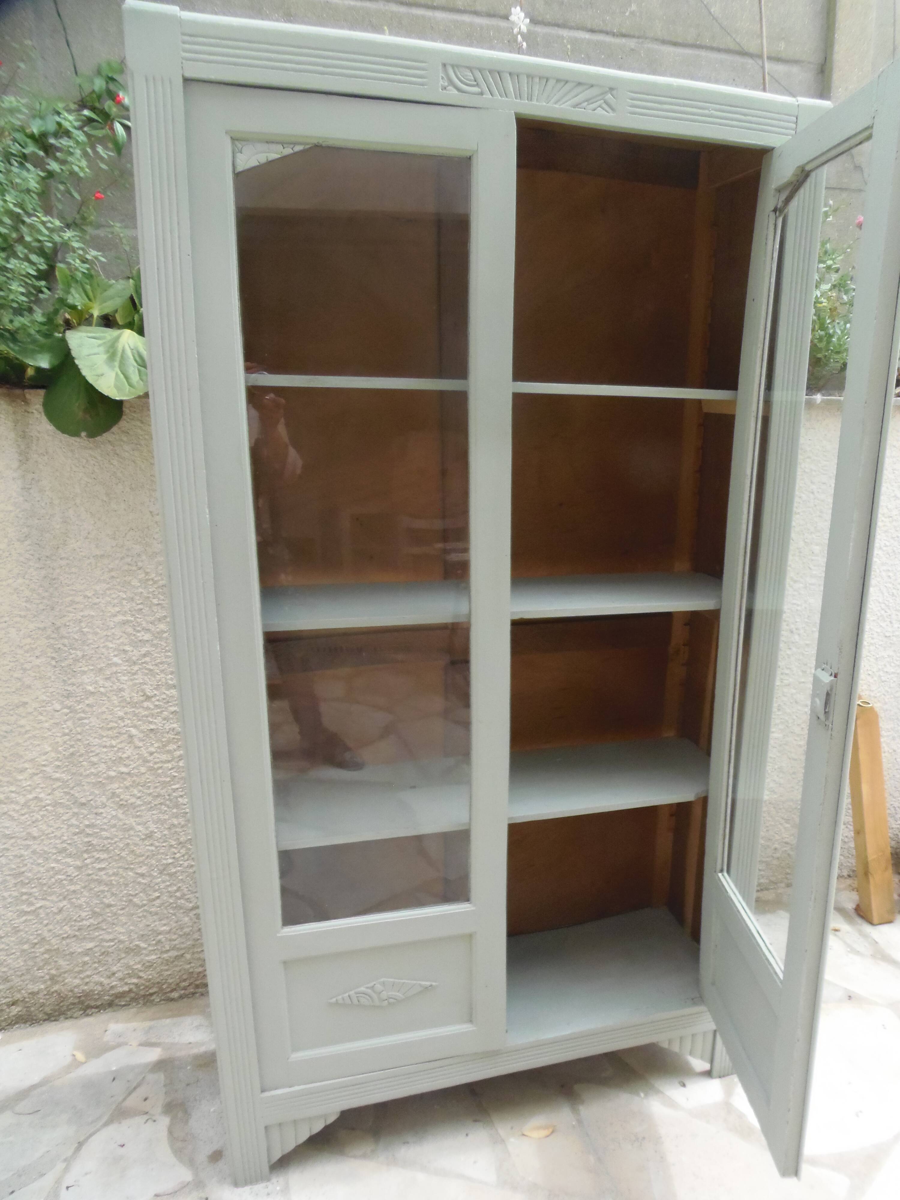 Renovated Art Deco display cabinet in grey-green.