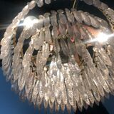 Lustre couronne en laiton doré et papilles en cristal 3 feux 1970