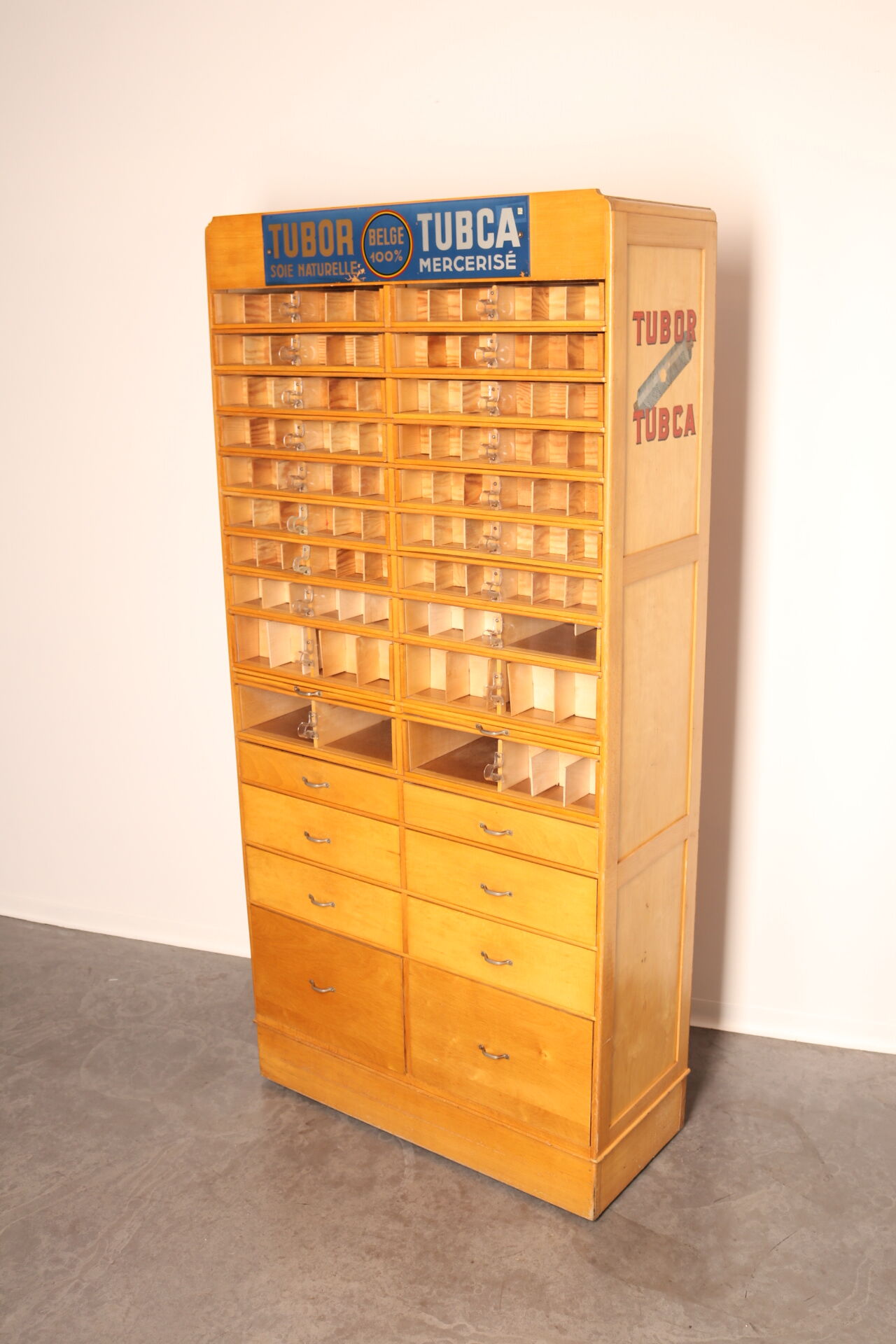 Xl vintage haberdashery 'tubor tubca' by poreye & fils - belgium - 1950's